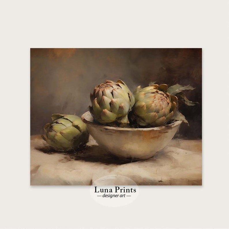 May include: A still life painting of three artichokes in a white bowl on a beige tablecloth. The artichokes are green and brown with a textured surface. The bowl is white with a slightly textured surface. The background is a muted brown color.