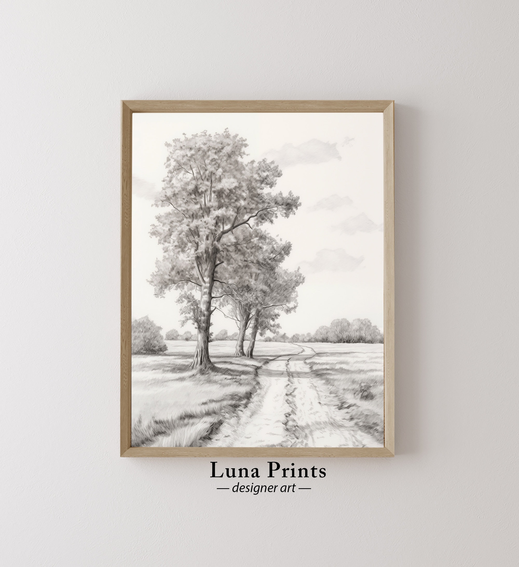 English Country Landscape Drawing, PRINTABLE ART, Neutral Toned Countryside Landscape Sketch, Tree Nature Scene