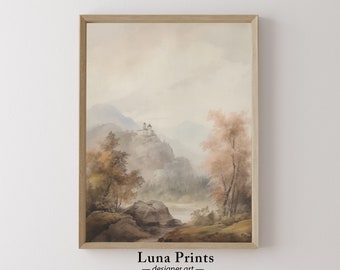 Watercolor Mountain Landscape Painting, PRINTABLE ART, Muted Toned Landscape Art