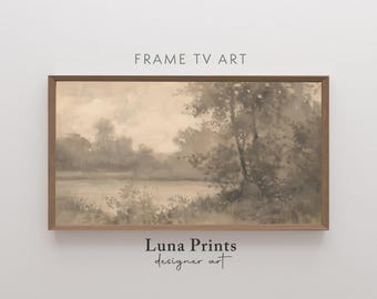 May include: A framed watercolor painting of a misty lake scene with trees and foliage in shades of brown and gray.