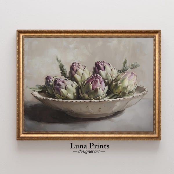 Muted Artichoke Painting, PRINTABLE ART, Vintage Fruit Still Life, Neutral Toned Kitchen Art, Neutral Fall Art