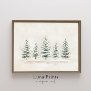May include: A watercolor painting of five snow-covered pine trees against a light beige background. The trees are arranged in a row, with the tallest tree in the center. The painting is framed in a light brown frame.