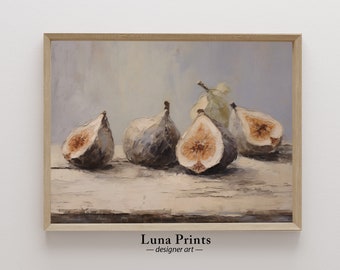 May include: A painting of a still life featuring five figs, four of which are whole and one is cut open, on a wooden surface. The figs are a light purple color and the background is a light blue.