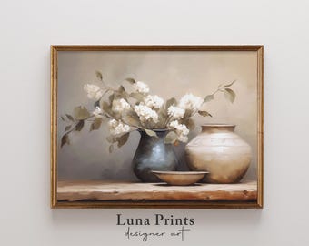 Impresión artística de naturaleza muerta primaveral con flores blancas, decoración vintage de granja, descarga digital / 12-467