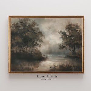Moody Landscape Art, PRINTABLE ART, River Landscape Painting with Trees, Art for Living Room