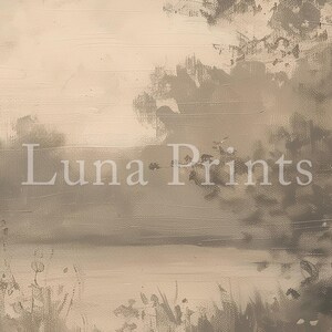 May include: A painting of a landscape with a lake and trees in the background. The sky is a light beige color and the water is a darker beige color. The trees are a dark brown color. The painting has a soft, dreamy feel.