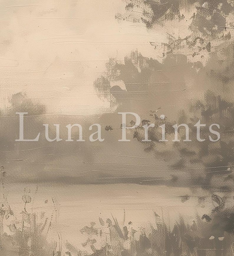 May include: A painting of a landscape with a lake and trees in the background. The sky is a light beige color and the water is a darker beige color. The trees are a dark brown color. The painting has a soft, dreamy feel.