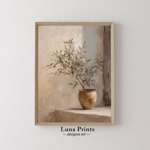May include: A painting of a potted olive branch in a terracotta pot, set against a light beige wall. The painting has a soft, muted color palette and a realistic style.