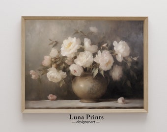 Pintura de peônia silenciada, arte para impressão, arte floral vintage em tons neutros