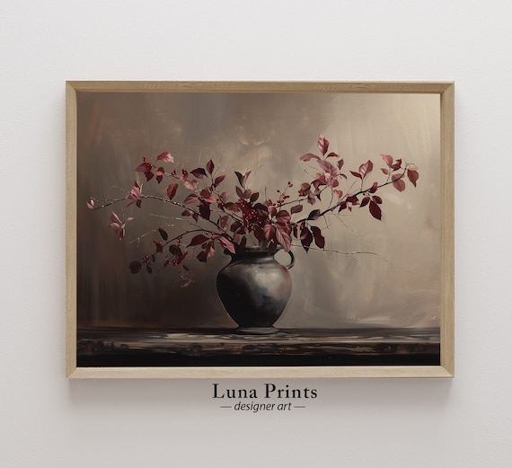Burgundy Stems Painting, PRINTABLE ART, Moody Floral Art, Vintage Fall Artwork
