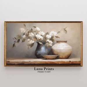 Spring Floral Frame TV Art, Pottery Still Life Painting, DIGITAL DOWNLOAD, Hydrangea Painting, Neutral Art for Samsung Tv