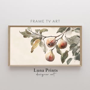 May include: A watercolour painting of a branch with three figs. The figs are a light brown colour with a hint of pink. The leaves are a light green colour with a hint of yellow. The background is a light beige colour.
