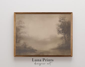 Muted Misty Landscape Painting, Printable Brown Tree Art, Neutral Landscape, Art for Living Room | 11-452