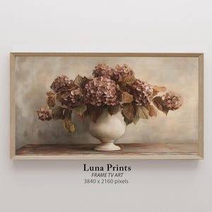 May include: A painting depicting a bouquet of pale pink hydrangeas arranged in a white vase. The flowers are presented in a loose, natural style against a soft, muted beige background.