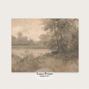 May include: A misty, muted landscape painting with a lake in the foreground and trees in the background. The painting is done in shades of gray and brown.