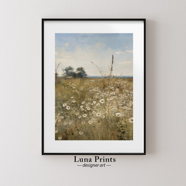 Vintage Landscape Art, PRINTABLE ART, Flowers in Meadow, Vertical Landscape Painting