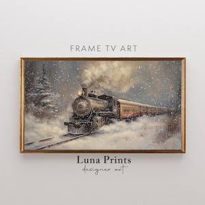May include: A framed painting of a vintage steam train traveling through a snowy forest. The train is red and black with white smoke coming from the engine. The forest is covered in snow and there are trees on both sides of the train.