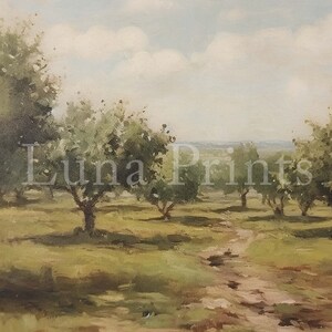 May include: A painting of a rural landscape with a dirt path leading through a field of green grass. There are several trees on either side of the path, and the sky is a light blue with white clouds.