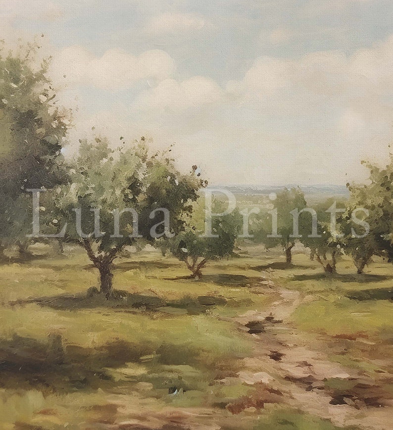 May include: A painting of a rural landscape with a dirt path leading through a field of green grass. There are several trees on either side of the path, and the sky is a light blue with white clouds.