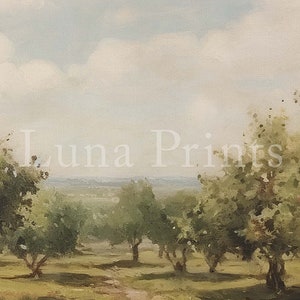 May include: A painting of a landscape with a dirt path leading through a field of trees. The sky is a light blue with white clouds. The trees are green and have a soft, painterly texture.