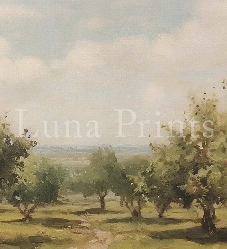 May include: A painting of a landscape with a dirt path leading through a field of trees. The sky is a light blue with white clouds. The trees are green and have a soft, painterly texture.