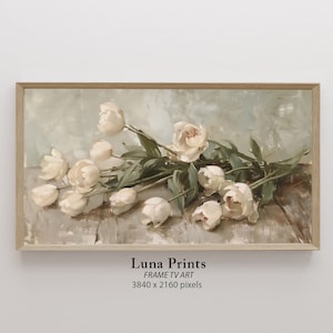 May include: A painting of a bouquet of white tulips and peonies on a wooden surface. The flowers are arranged in a loose, natural style, and the background is a soft, muted green.
