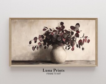 Burgundy Frame TV Art, DIGITAL DOWNLOAD, Fall Floral Eucalyptus Art for Frame Tv, Autumn Plum Wall Decor, Vintage Fall Tv Screensaver