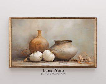 Autumn Frame TV Art | Pottery Still Life Painting | DIGITAL DOWNLOAD | Neutral Fall Pumpkin Art for Samsung tv