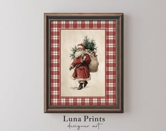 Vintage Santa Plaid Wall Art, Classic Christmas Printable, Preppy Holiday Decor, Rustic Christmas Art, Instant Digital Download | 12-461