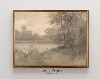 Muted Lake Landscape Painting, PRINTABLE ART, Neutral Landscape, Art for Living Room