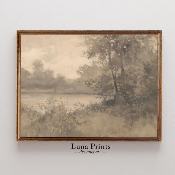 Muted Lake Landscape Painting, PRINTABLE ART, Neutral Landscape, Art for Living Room