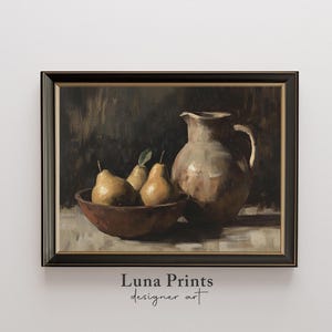 Moody Fruit Art, Printable Fruit Wall Decor, Vintage Kitchen Art Print, Pear Still Life | 11-432