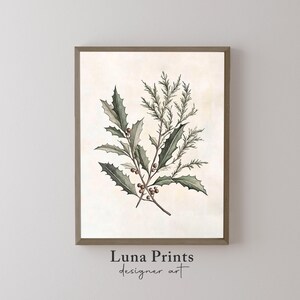 Vintage Holly Art, Printable Holly Berry Stems Christmas Wall Decor, Classic Holiday Botanical Print, Muted Toned Winter Art | 10-371