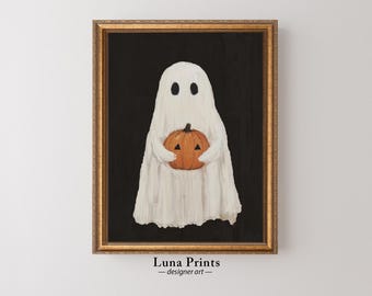 Druckbare Geist-Kunst, moderne Geisterkürbis-Kunst, rustikale Halloween-Dekoration, neutrale Geistermalerei für Halloween
