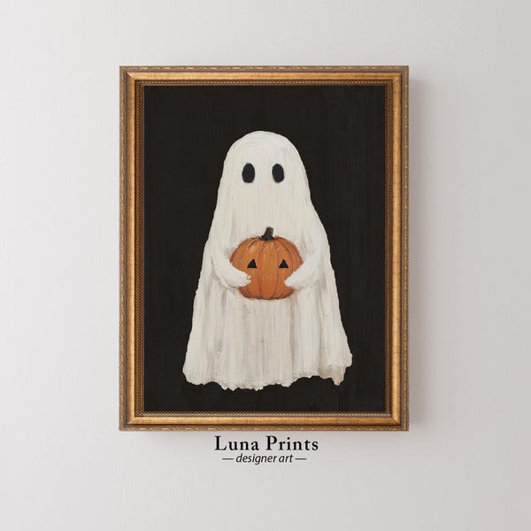 Printable Ghost Art, Modern Ghost Pumpkin Art, Country Rustic Halloween Decor, Neutral Art for Halloween, Cute Ghost Painting