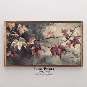 May include: A watercolour painting of a vine with autumn leaves in shades of red, brown, and white. The leaves are arranged in a loose, flowing pattern against a soft, grey background.