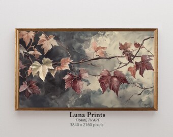 Moody Fall Frame TV Art, DIGITAL DOWNLOAD, Plum Autumn Branches Painting for Samsung Tv, Burgundy Muted Toned Floral Tv Screensaver