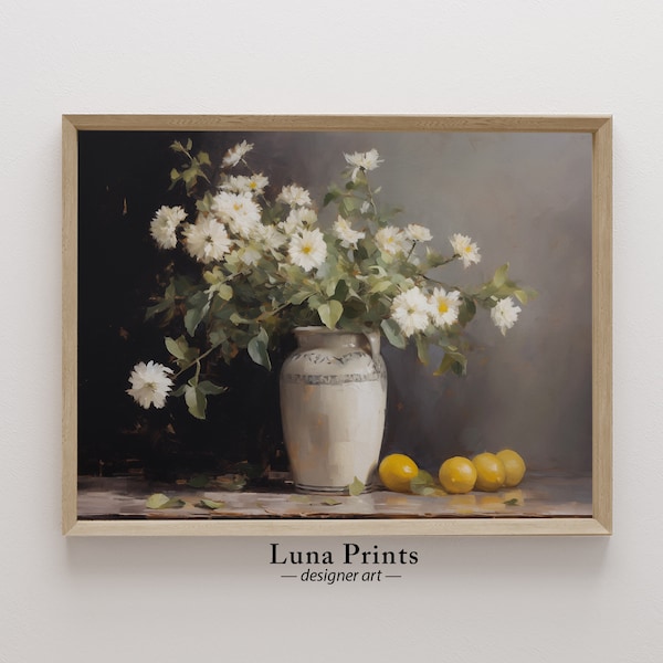 Lemon Painting, PRINTABLE ART, Vintage Fruit Still Life, Muted Toned Floral Kitchen Art