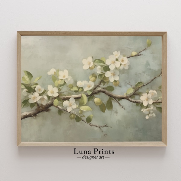 Spring Apple Blossom Painting, PRINTABLE ART, Blue Muted Toned Floral Art