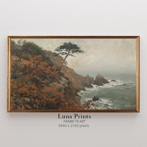 May include: A painting of a rocky coastline with a tree in the foreground. The sky is cloudy and the water is choppy. The painting is framed in a gold frame.