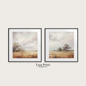 May include: Two framed landscape paintings with a muted color palette. The paintings depict a field with trees and a cloudy sky. The text "Luna Prints - designer art" is below the paintings.