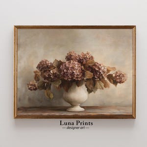 Pintura floral de outono, hastes de hortênsia de outono, ARTE PARA IMPRIMIR, arte floral em tons suaves, decoração de parede de casa de campo com flores malva
