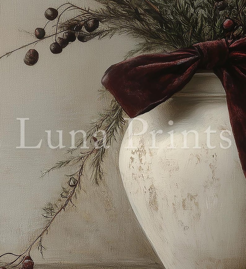 May include: A white ceramic vase with a distressed finish, decorated with a burgundy velvet bow and sprigs of greenery with small brown berries.