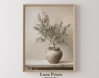 Dipinto di ulivo in vaso, ARTE STAMPABILE, Arte botanica vintage / Arte dai toni tenui