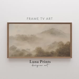 Frame TV Art Misty Countryside, Foggy Forest Landscape TV Wallpaper, Vintage Mountain Moody Neutral 4K Digital Decor | TV 11-482