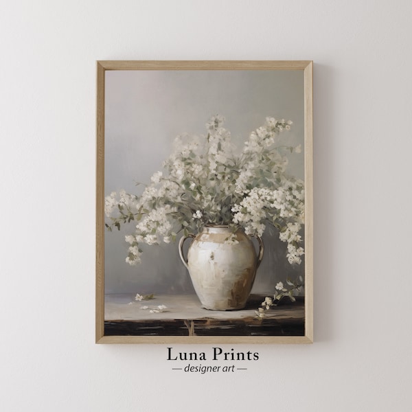 Spring Flowers Painting in Vintage Vase, PRINTABLE ART, Muted Toned Floral Art