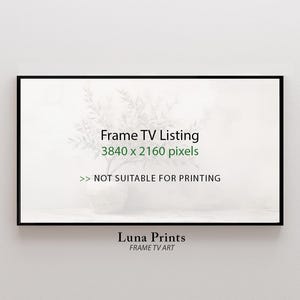 May include: A rectangular black framed print with the text "Frame TV Listing" and "3840 x 2160 pixels" in green. The text "NOT SUITABLE FOR PRINTING" is also included. The bottom of the print reads "Luna Prints FRAME TV ART".