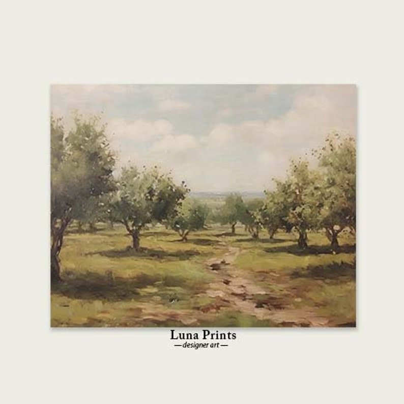 May include: A painting of a rural landscape with a dirt path leading through a field of trees. The trees are green and the sky is blue with white clouds.