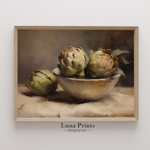 May include: A still life painting depicting three artichokes in a white bowl, resting on a beige tablecloth. The artichokes are green and brown with a textured surface. The painting features a soft, muted colour palette.