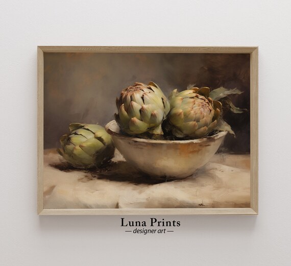 Artichokes Painting, PRINTABLE ART, Moody Fruit Still Life, Muted Toned Kitchen Art